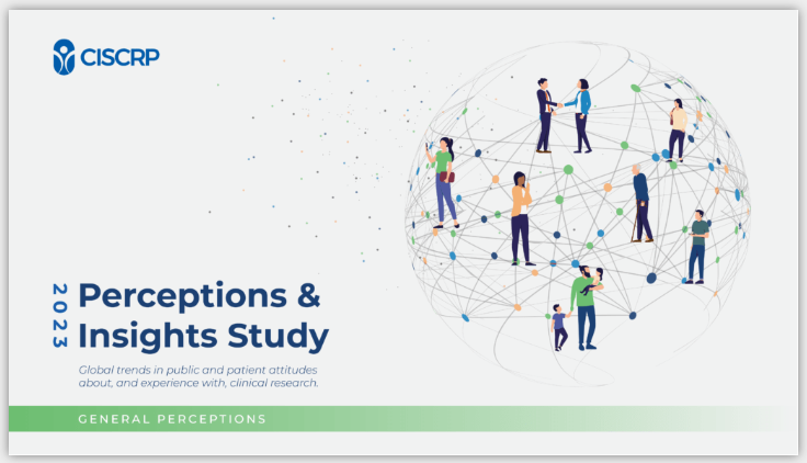 Cover of the 2023 CISCRP Perceptions & Insights Study showing a network of people connected by lines, symbolizing global trends in public and patient attitudes towards clinical research